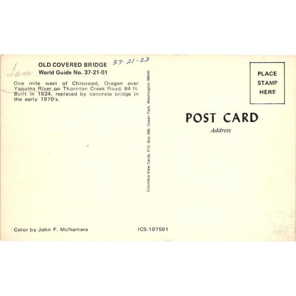 Old Covered Bridge Postcard Travel Souvenir Unposted Chitwood Oregon Vintage - Picture 2 of 2